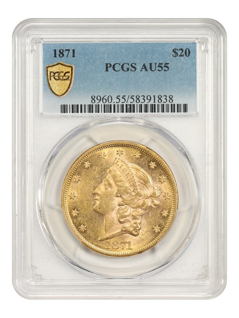 1871 Liberty Head $20 Gold Coin PCGS AU55 Better Date: 1871 Liberty Head $20 Gold Coin PCGS AU55 Better Date 1871 $20 Liberty Head gold coin certified by PCGS and graded AU55. Struck at the Philadelphia Mint, this circulated example is described as a brig