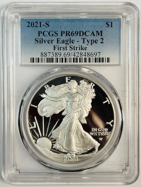 PCGS PR69 First Strike 2021 S Silver Eagle Proof Dollar Type 2 (1 of 2)