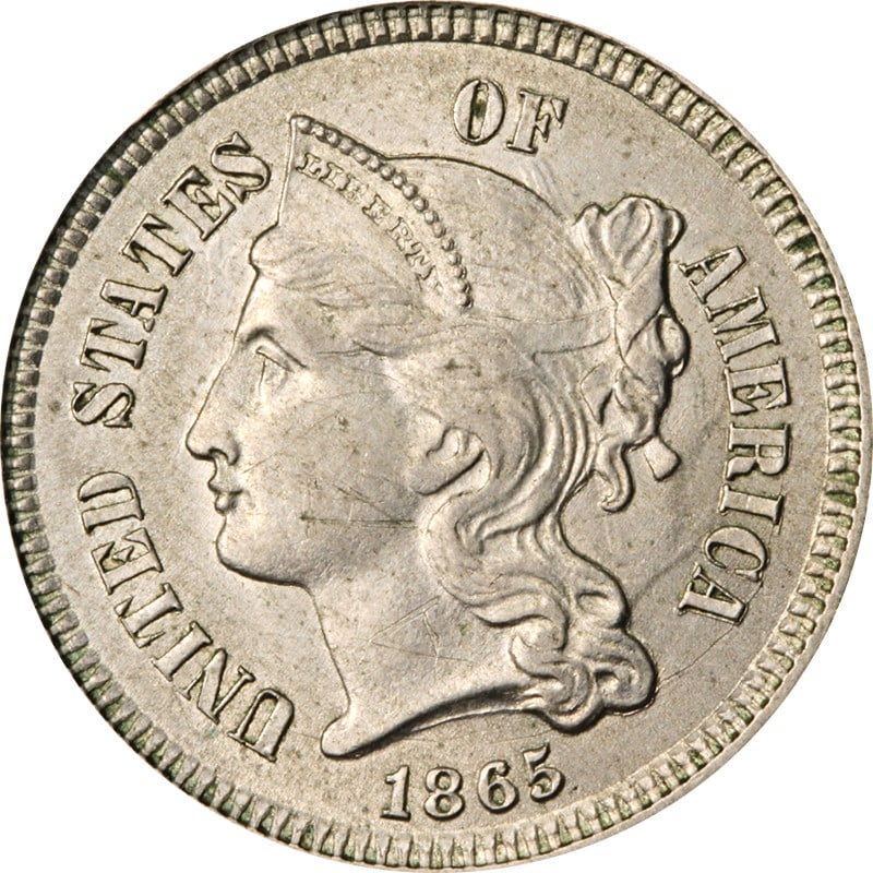 United States 1865 Nickel Three Cent Coin Circulated: United States 1865 Nickel Three Cent Coin Circulated This is an 1865 Three Cent Nickel coin from the United States. The coin is composed of nickel and has been circulated. It is uncertified and is in 