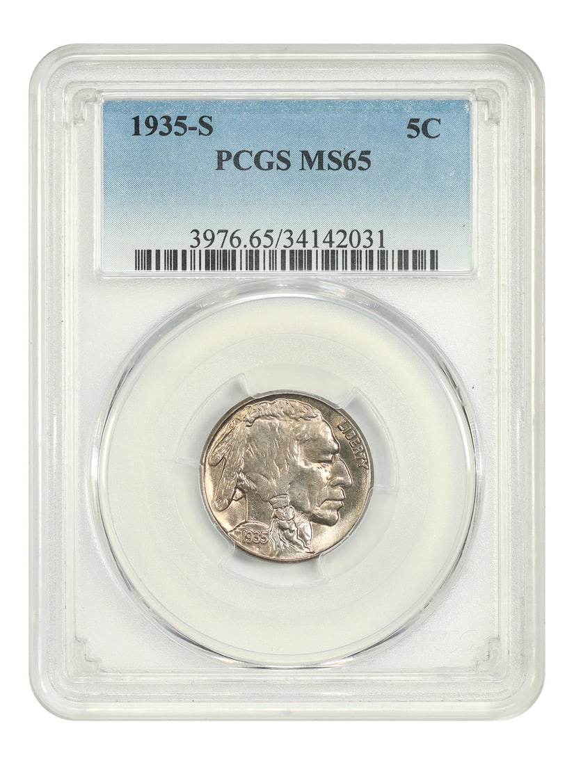 PCGS MS65 1935 S Buffalo 5C Nickel: PCGS MS65 1935 S Buffalo 5C Nickel 1935-S Buffalo Nickel certified by PCGS in MS65 grade. This uncirculated coin is offered in a pre-owned PCGS holder. Please note there is a small chip on the reverse