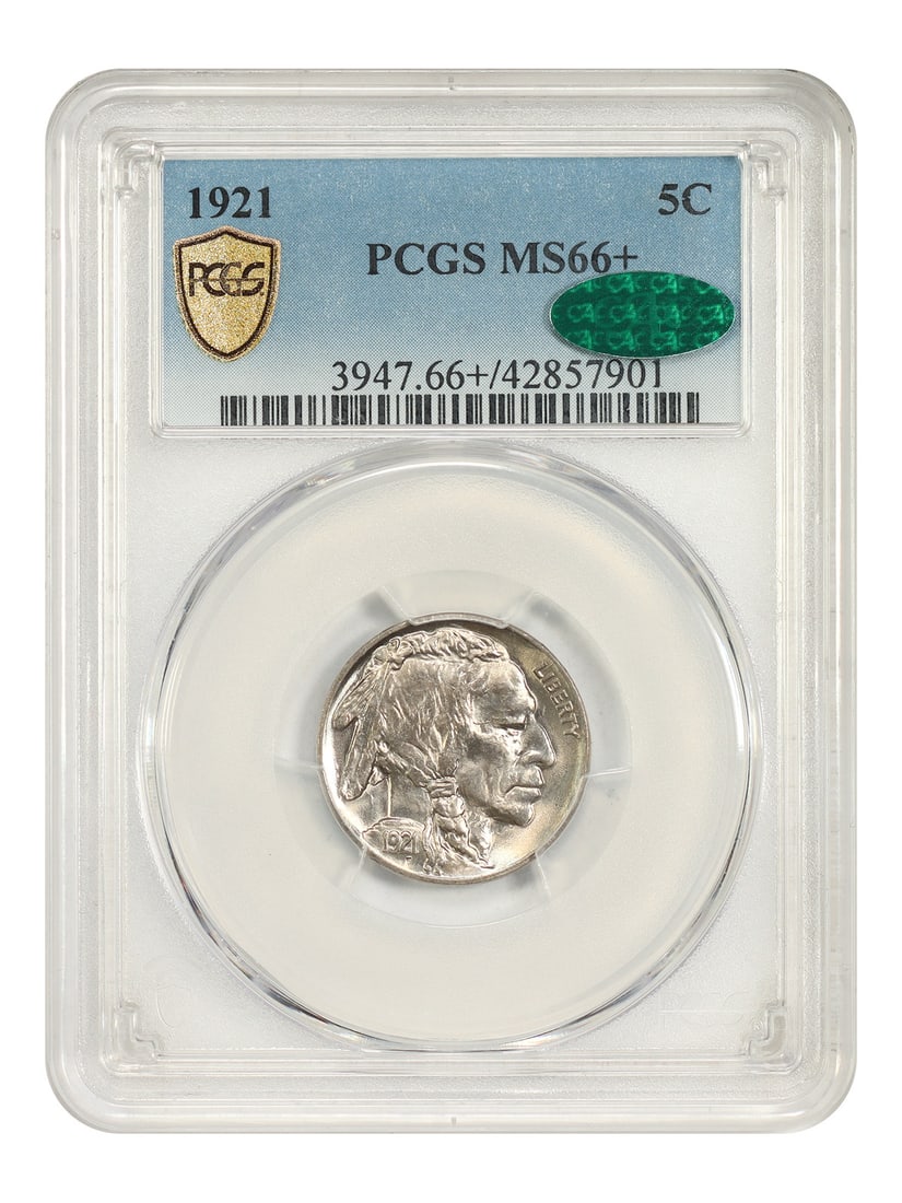 Buffalo Nickel 1921 5C PCGS MS66+ CAC: Buffalo Nickel 1921 5C PCGS MS66+ CAC A 1921 Buffalo Nickel in uncirculated condition, certified by PCGS with CAC approval and graded MS66+. Minted in Philadelphia, this piece displays intense luster,
