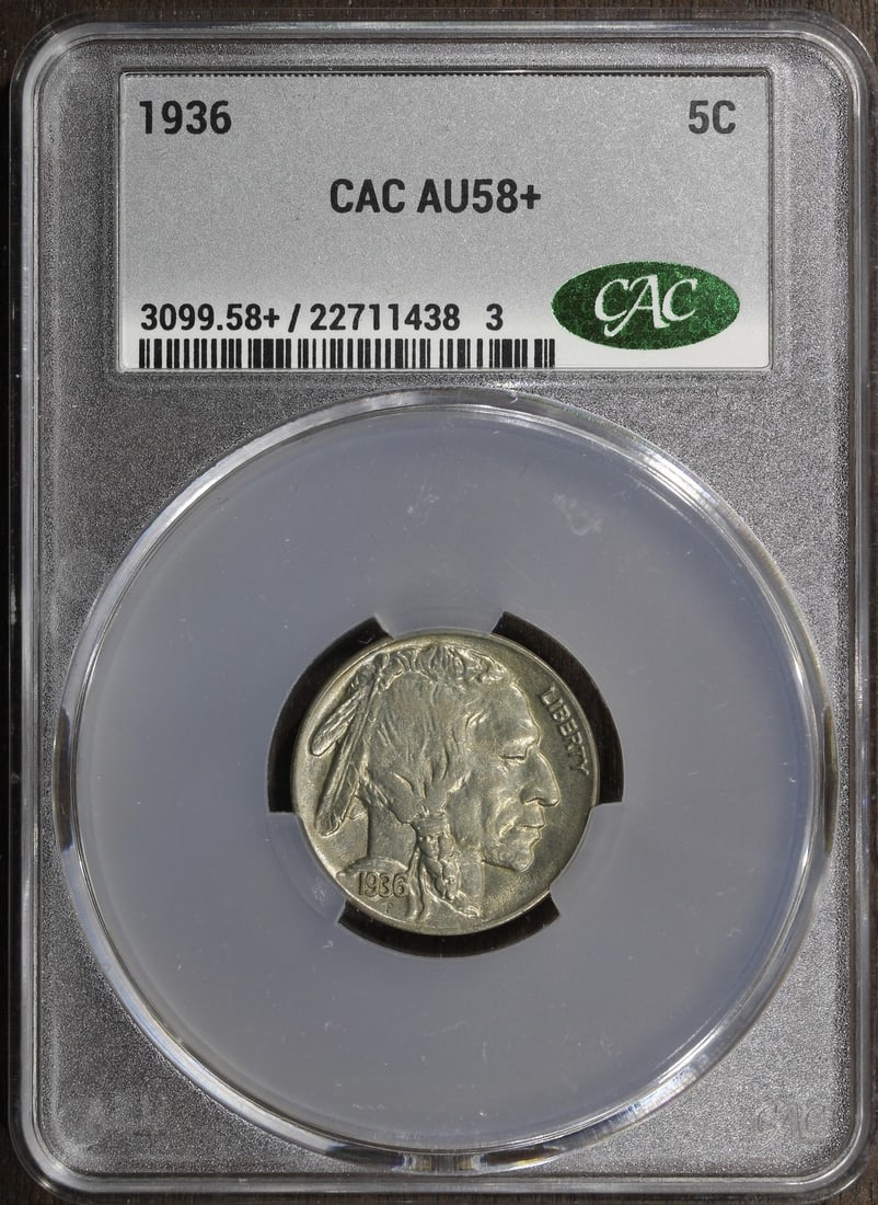1936 Buffalo Nickel 5C AU58+ CACG: 1936 Buffalo Nickel 5C AU58+ CACG This 1936 Buffalo Nickel from the United States features the classic Buffalo design and has a denomination of 5 cents. Graded AU58+ with CAC approval, it is composed 