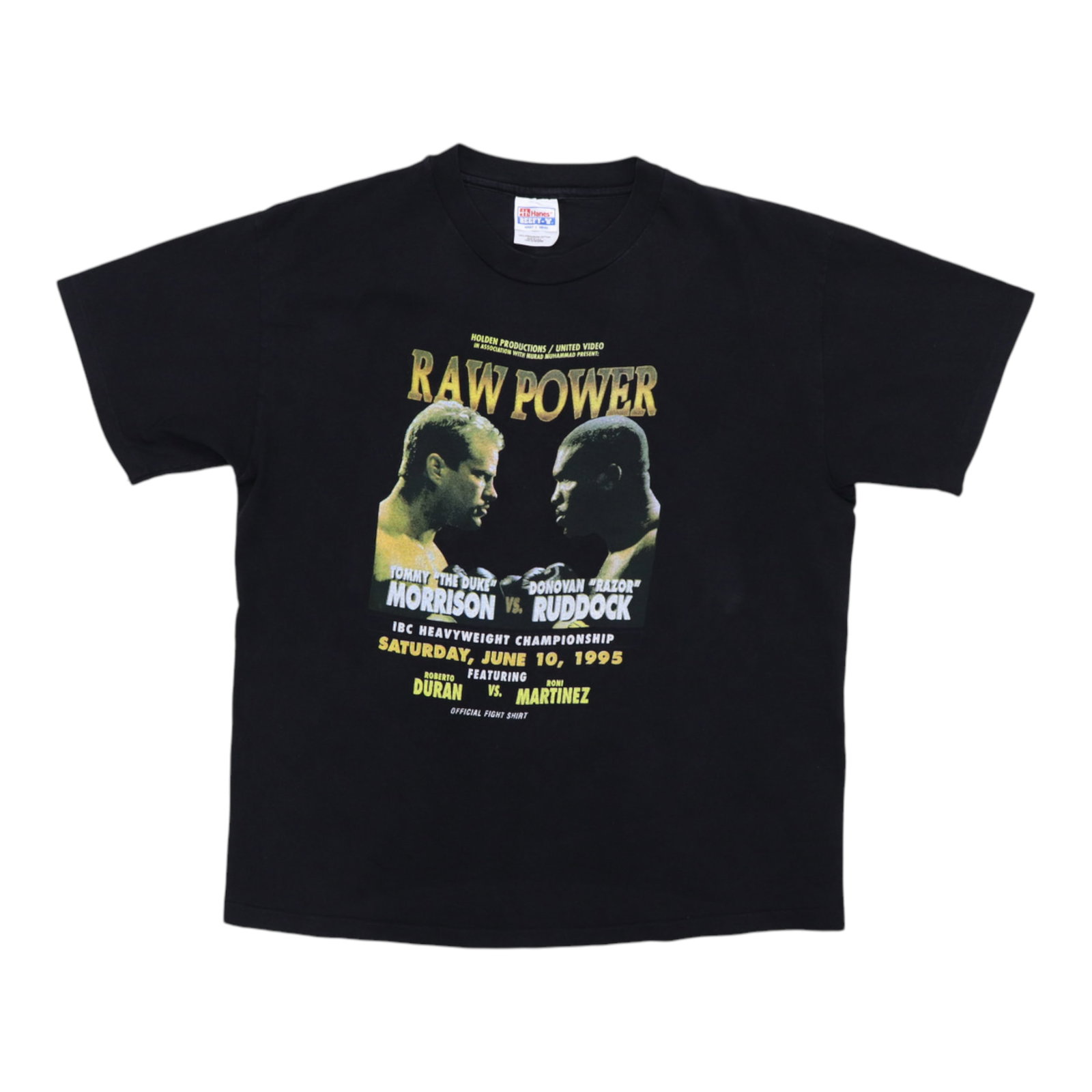 Vintage 1995 Boxing T Shirt Featuring Tommy Morrison And Donnovon Ruddock: Vintage 1995 Boxing T Shirt Featuring Tommy Morrison And Donnovon Ruddock This is an original vintage 1995 Tommy Morrison vs. Donnovan Ruddock shirt. Made from 100% cotton, this black shirt features n