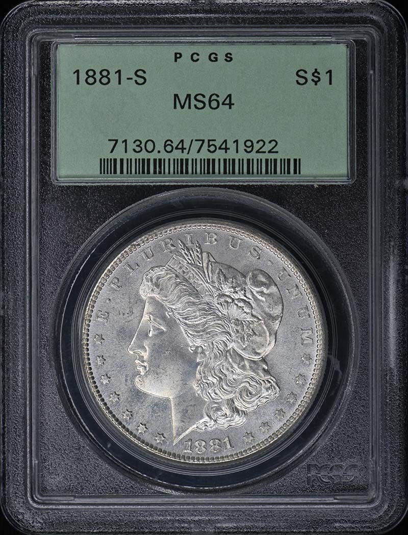 1881-S Morgan Dollar PCGS MS64 OGH: 1881-S Morgan Dollar PCGS MS64 OGH This is an 1881 Morgan Dollar from the San Francisco Mint, graded MS64 by PCGS and housed in an old green holder (OGH). The coin is uncirculated and originates from 