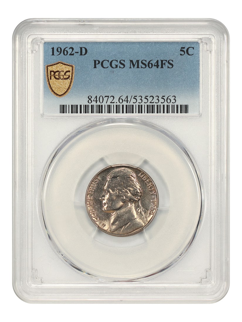 PCGS MS64FS 1962 D Jefferson 5C Nickel: PCGS MS64FS 1962 D Jefferson 5C Nickel 1962-D Jefferson Nickel certified by PCGS in MS64FS grade. This uncirculated coin is a pre-owned example with Denver mint issue and denomination of 5C. Specifica