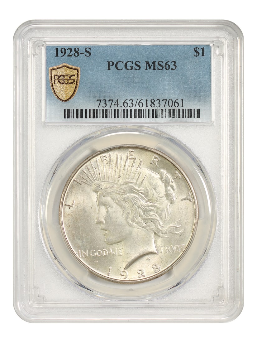 1928 S Peace Dollar PCGS MS63 San Francisco Mint $1 Coin: 1928 S Peace Dollar PCGS MS63 San Francisco Mint $1 Coin 1928-S Peace Dollar certified by PCGS as MS63. This better date S-mint issue is an uncirculated, pre-owned example. Specifications Denomination
