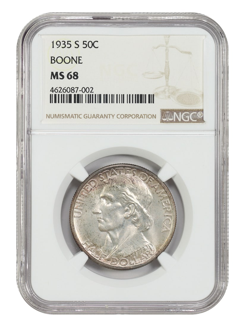 NGC MS68 1935-S Boone 50C Classic Silver Commemorative: NGC MS68 1935-S Boone 50C Classic Silver Commemorative 1935-S Boone 50C classic silver commemorative certified by NGC in MS68. This uncirculated example is described as sharply struck, with essentiall