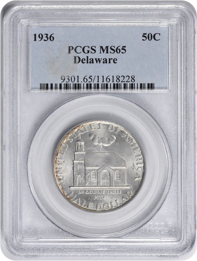 1936 Delaware Commemorative Silver Half Dollar MS65 PCGS Uncirculated: 1936 Delaware Commemorative Silver Half Dollar MS65 PCGS Uncirculated This 1936 Delaware Commemorative Silver Half Dollar is a stunning piece for any collector. Graded MS65 by PCGS, this coin is in un
