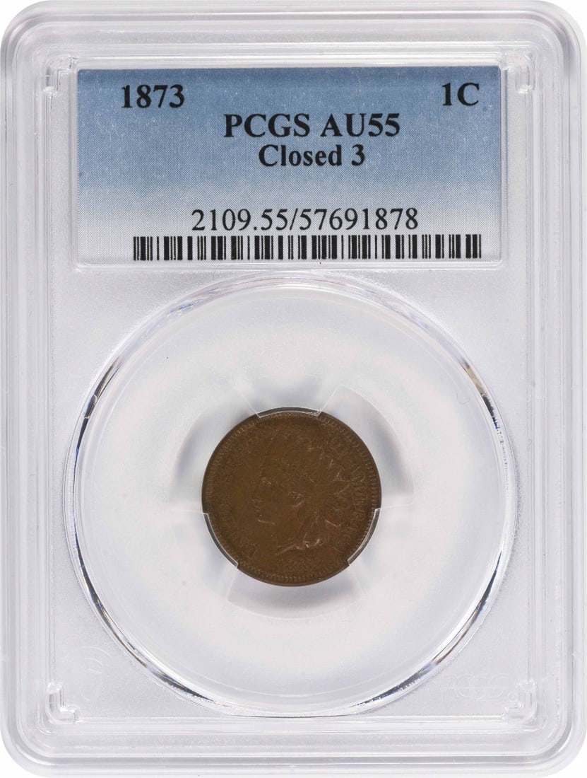 PCGS AU55 1873 Closed 3 Indian Head Small Cent: PCGS AU55 1873 Closed 3 Indian Head Small Cent 1873 Indian Head Small Cent graded AU55 by PCGS. This circulated United States coin was struck at the Philadelphia Mint and features the Closed 3 variety