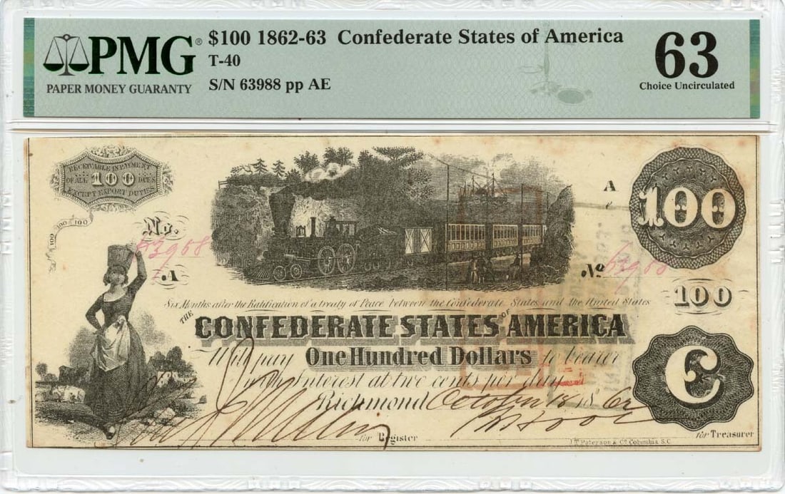 1862-63 $100 Confederate T-40 Note PMG MS63 Uncirculated: 1862-63 $100 Confederate T-40 Note PMG MS63 Uncirculated This is a $100 Confederate States of America banknote, designated as T-40, from the year 1862-63. Certified by PMG with a certification number 