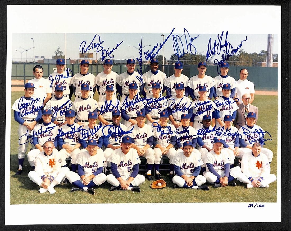 8x10 Photo Signed by 25 1969 Mets World Series Players PSA DNA Authenticated: 8x10 Photo Signed by 25 1969 Mets World Series Players PSA DNA Authenticated This is an original 8x10 photograph signed by 25 members of the 1969 New York Mets World Series Champions team. The signatu