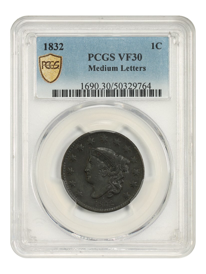 1832 Coronet Head Cent 1C PCGS VF30 Medium Letters: 1832 Coronet Head Cent 1C PCGS VF30 Medium Letters 1832 Coronet Head Cent certified by PCGS as VF30 with Brown color designation. This circulated, pre-owned 1C coin is the Medium Letters variety. Spec