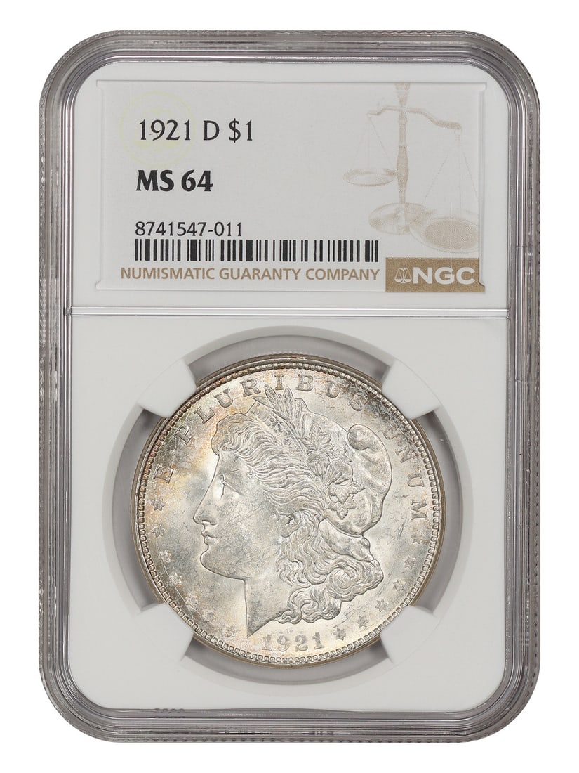 NGC MS64 1921-D Morgan Silver Dollar $1 Denver Mint: NGC MS64 1921-D Morgan Silver Dollar $1 Denver Mint 1921-D Morgan Dollar $1, certified by NGC and graded MS64. This uncirculated coin is the final Denver Mint issued Morgan silver dollar as the U.S. M