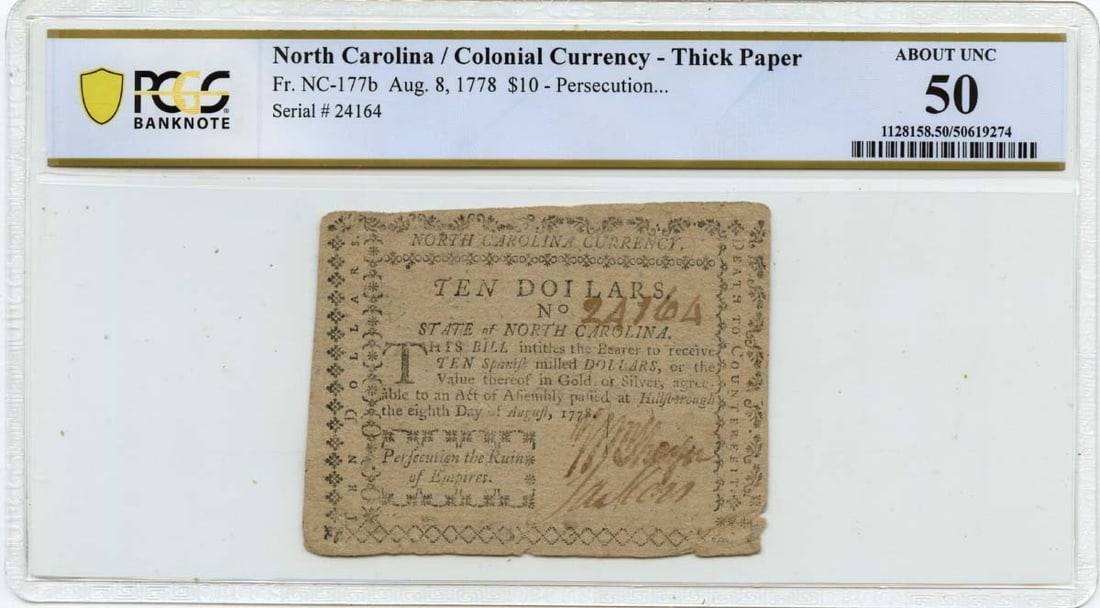North Carolina Colonial Currency $10 Note 1778 Aug 8 PCGS AU50 FR#NC-177b: North Carolina Colonial Currency $10 Note 1778 Aug 8 PCGS AU50 FR#NC-177b 1778 North Carolina colonial currency note dated August 8 and graded PCGS Banknote AU50. This pre-owned, circulated note is id
