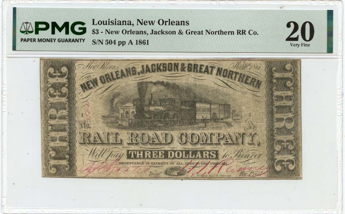 PMG VF20 1861 $3 Obsolete Note Jackson Great Northern R.R. Co New Orleans (1 of 2)