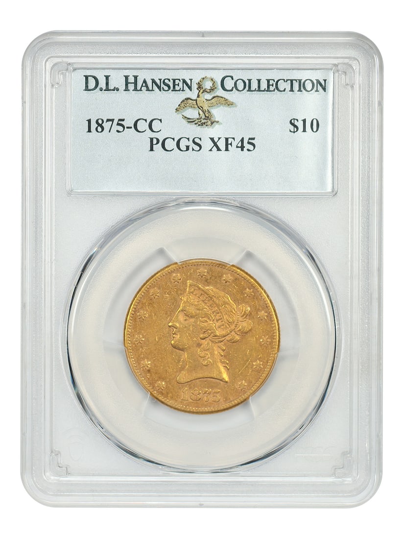 PCGS XF45 1875-CC Liberty Head $10 Gold Eagle ex D.L. Hansen: PCGS XF45 1875-CC Liberty Head $10 Gold Eagle ex D.L. Hansen 1875-CC Liberty Head $10 gold coin, graded PCGS XF45 and from the D.L. Hansen collection. From a scant mintage of 7,715 coins, the 1875-CC 