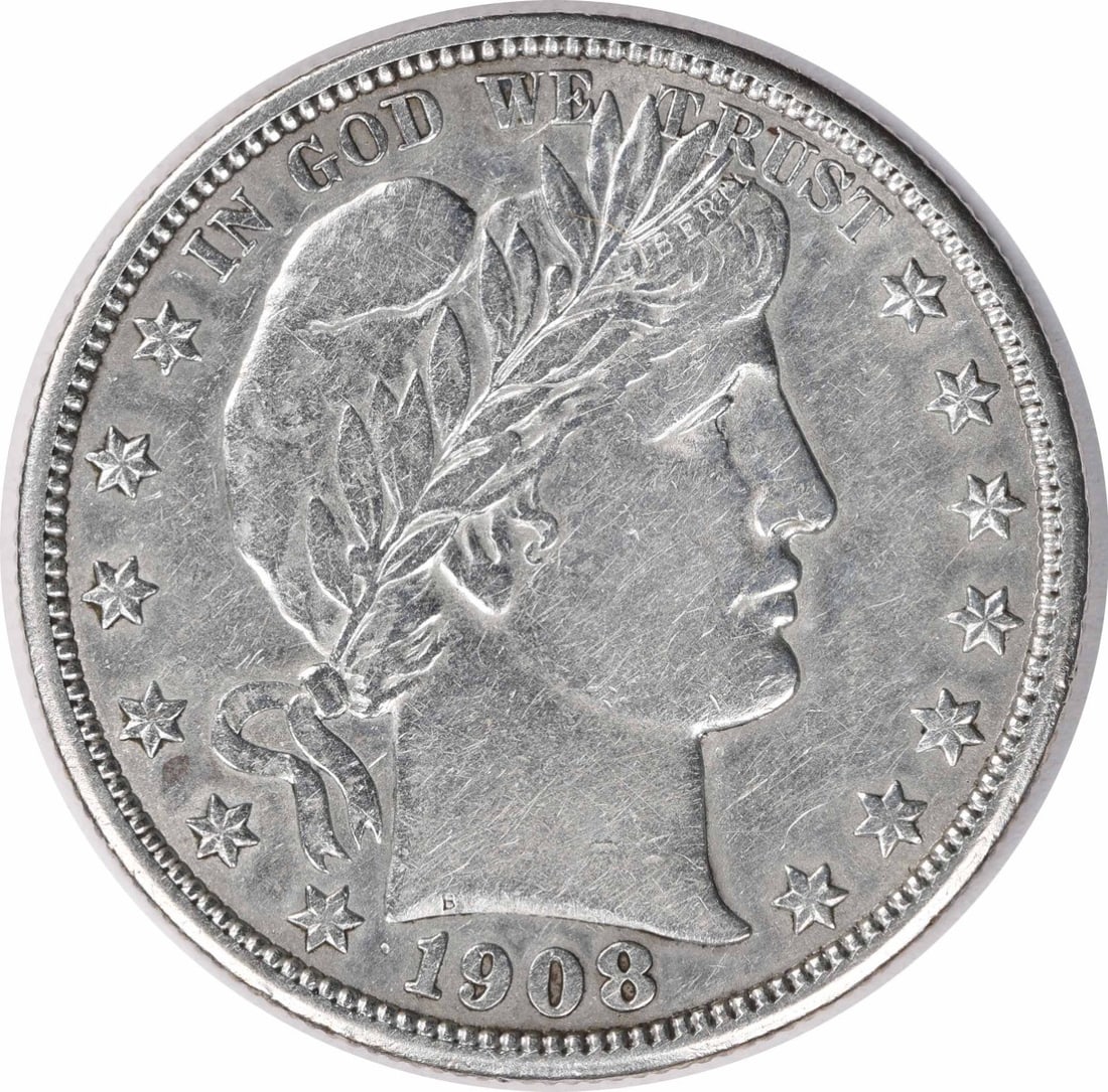 United States 1908 Barber 50C Silver Half Dollar EF Uncertified: United States 1908 Barber 50C Silver Half Dollar EF Uncertified 1908 Barber Half Dollar in EF grade. This circulated, uncertified coin is composed of silver and is a pre-owned example from the United 