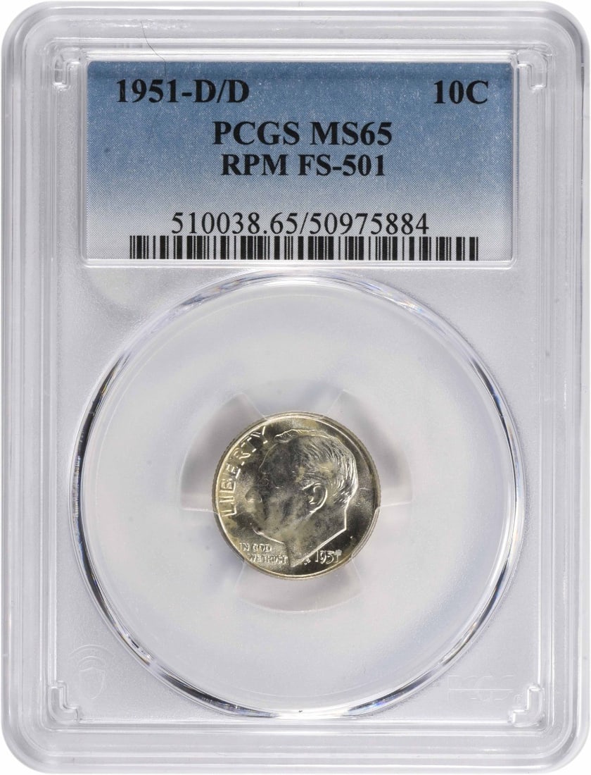 PCGS MS65 1951-D/D Roosevelt Dime RPM FS-501: PCGS MS65 1951-D/D Roosevelt Dime RPM FS-501 This 1951-D/D Roosevelt Dime is an attractive example featuring the RPM FS-501 variety. Graded MS65 by PCGS, this coin is composed of 90% silver and 10% co