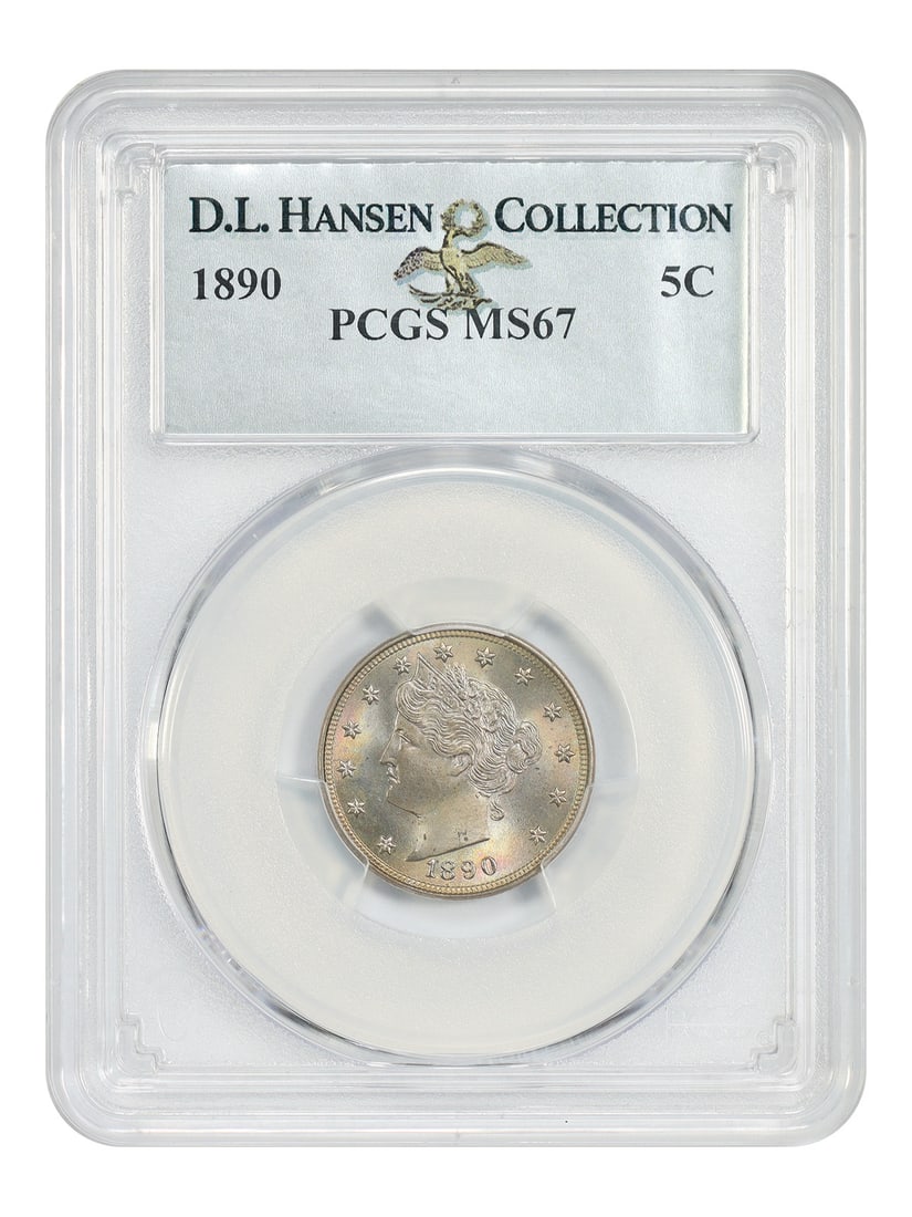 Liberty Nickel 1890 5C PCGS MS67 Philadelphia: Liberty Nickel 1890 5C PCGS MS67 Philadelphia 1890 Liberty Nickel certified by PCGS in MS67. This uncirculated example is described as a conditionally rare premium gem from an otherwise plentiful issu