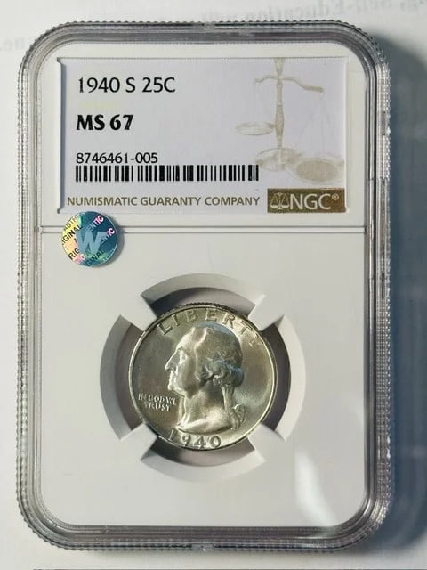 NGC MS 67 1940 S Washington Silver Quarter Sight White: NGC MS 67 1940 S Washington Silver Quarter Sight White Pre-owned 1940 Washington Quarter graded MS 67 by NGC. This silver coin is identified as a sight white example and was minted in San Francisco. S