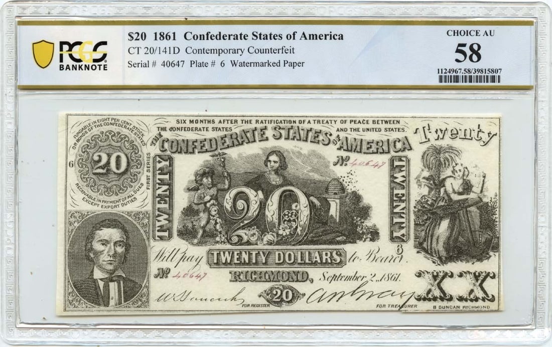 PCGS AU58 Counterfeit 1861 Confederate States of America $20 Note CT-20 141D: PCGS AU58 Counterfeit 1861 Confederate States of America $20 Note CT-20 141D 1861 Confederate States of America $20 note, cataloged as CT-20/141D and graded AU58 by PCGS Banknote. This is identified a