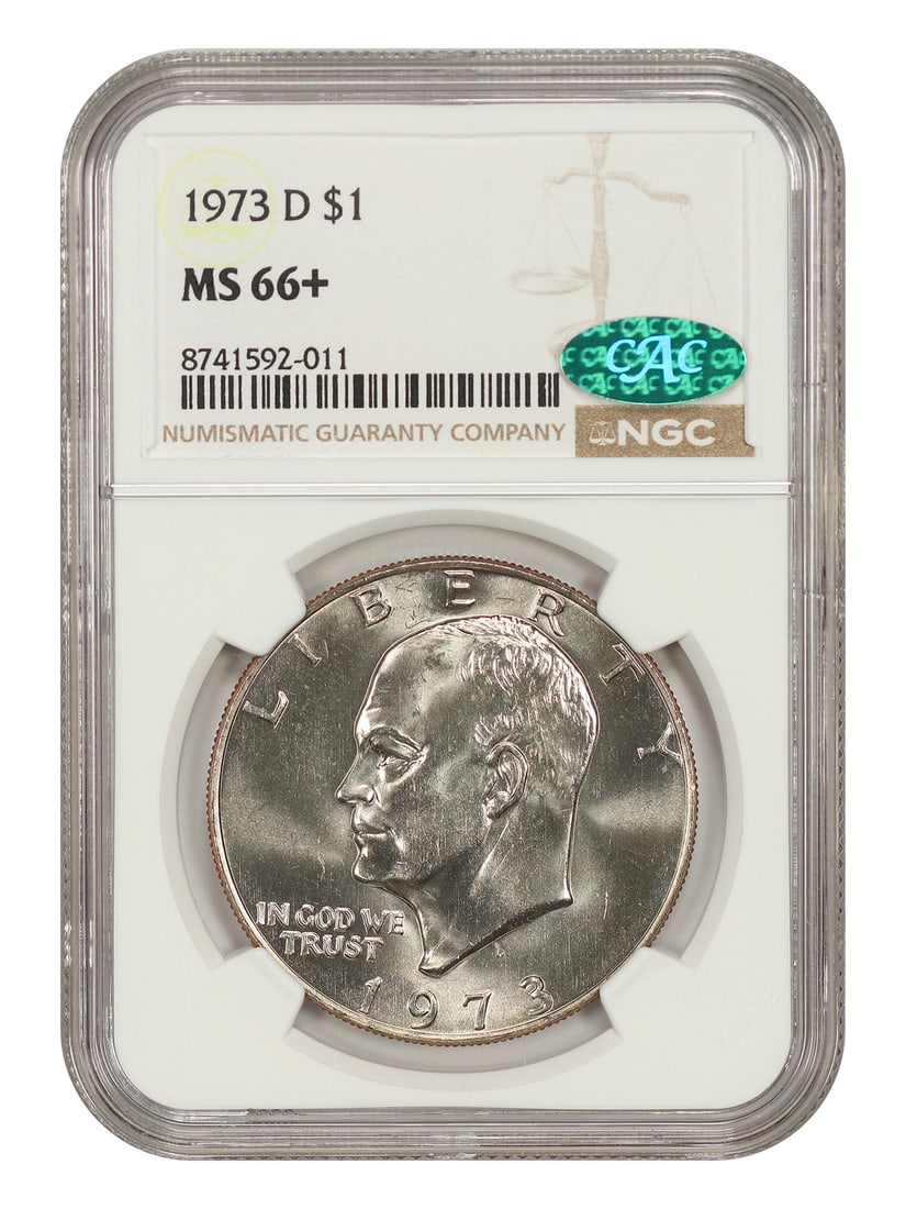 Ike Dollar 1973-D $1 NGC CAC MS66+: Ike Dollar 1973-D $1 NGC CAC MS66+ Pre-owned 1973-D Ike Dollar certified by NGC and graded MS66+ by CAC. This uncirculated $1 coin was struck in Denver. Specifications Denomination: $1 Year: 1973 Mint