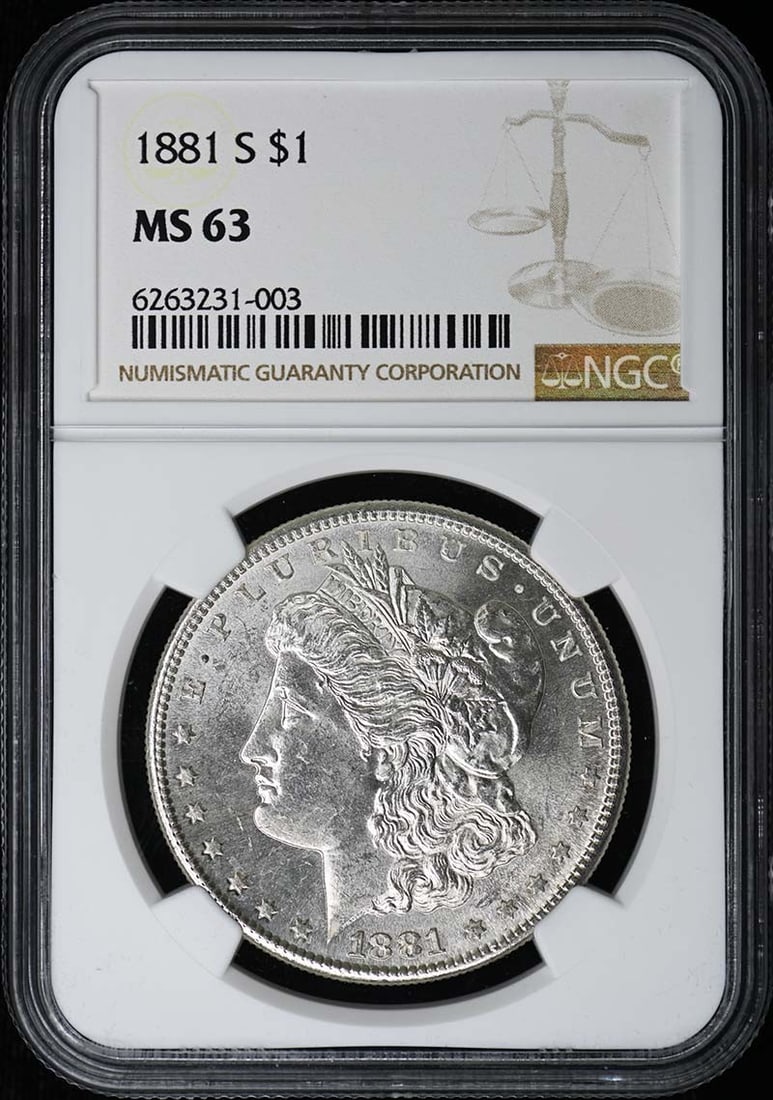 NGC MS63 1881 San Francisco Morgan Silver Dollar: NGC MS63 1881 San Francisco Morgan Silver Dollar This is an 1881-S Morgan Dollar graded MS63 by NGC. Minted in San Francisco, this uncirculated coin is a classic example from the United States. It has