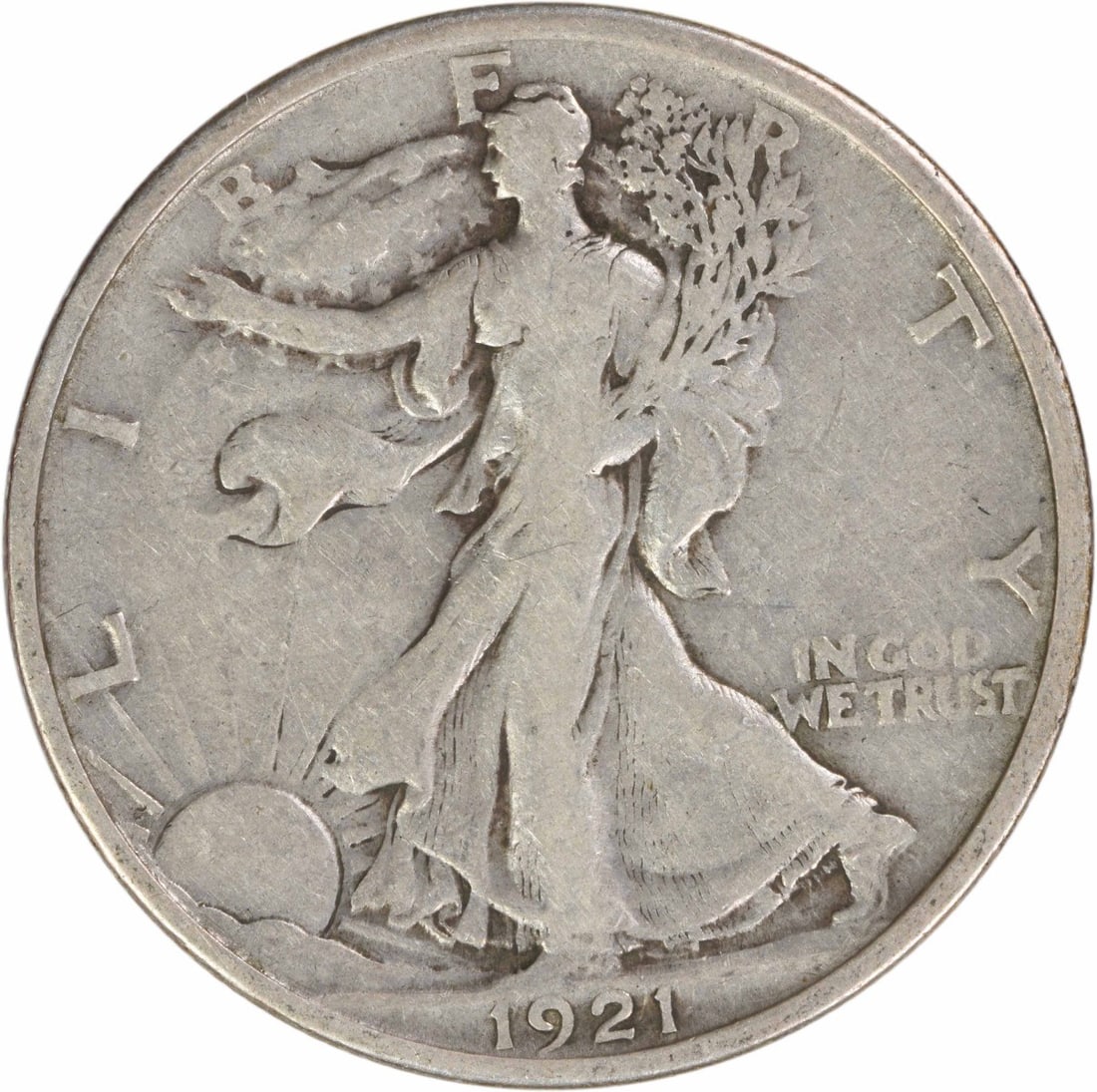 1921 Liberty Walking Half Dollar 90 Percent Silver Philadelphia VF Uncertified: 1921 Liberty Walking Half Dollar 90 Percent Silver Philadelphia VF Uncertified This is a 1921 Walking Liberty Half Dollar coin from the United States, designed by Adolph Alexander Weinman. Composed of