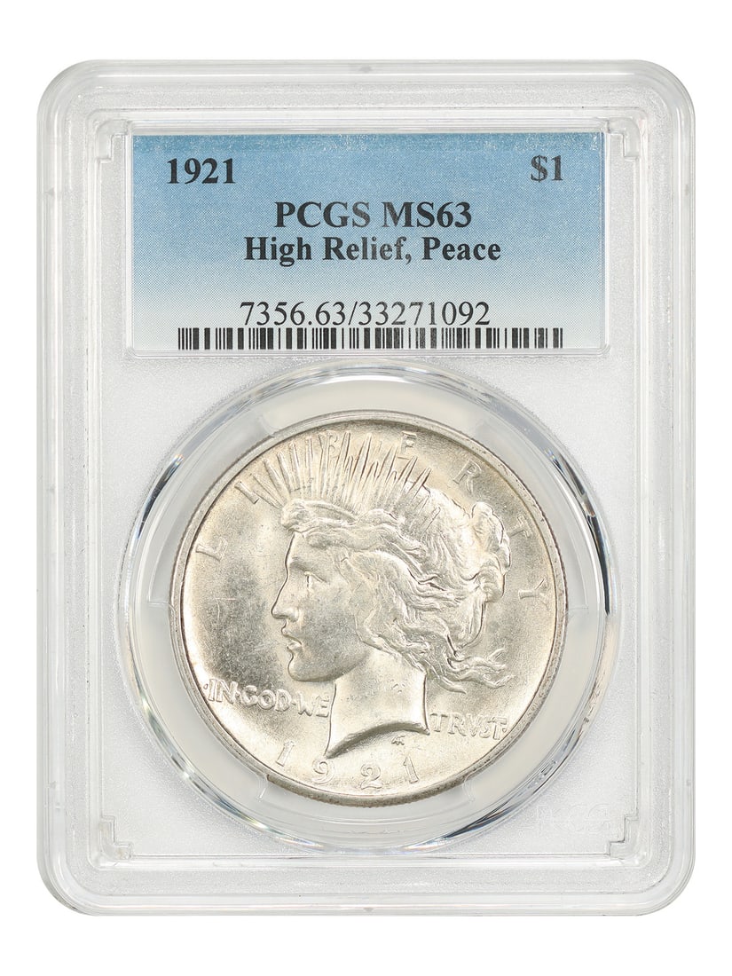 PCGS MS63 1921 Peace Dollar $1 High Relief Key Date: PCGS MS63 1921 Peace Dollar $1 High Relief Key Date 1921 $1 Peace Dollar High Relief, graded PCGS MS63. This uncirculated first-year issue from Philadelphia is identified as a key date in the Peace Do