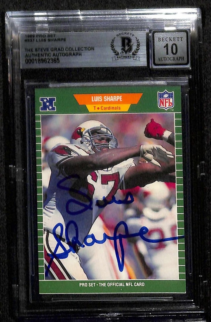 Beckett Authenticated 1989 Pro Set Luis Sharpe Cardinals Auto 10: Beckett Authenticated 1989 Pro Set Luis Sharpe Cardinals Auto 10 This 1989 Pro Set football trading card features Luis Sharpe of the Cardinals and is professionally slabbed and authenticated by Becket
