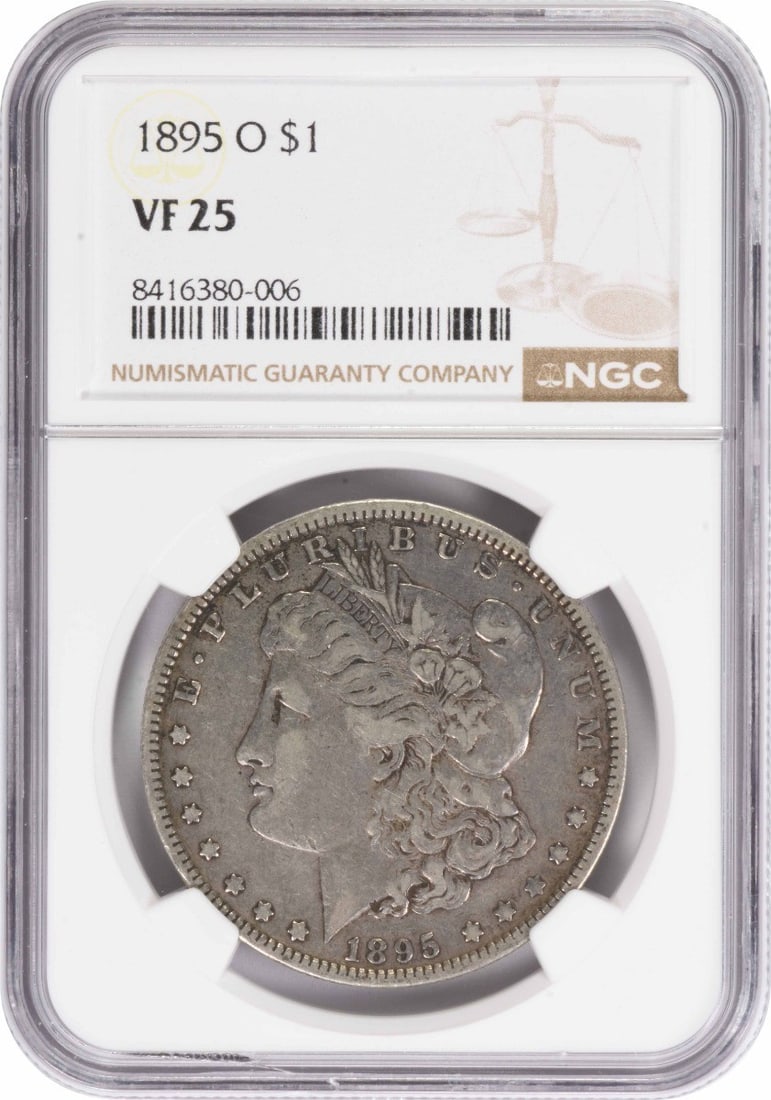 NGC VF25 1895 O Morgan Silver Dollar $1 Coin: NGC VF25 1895 O Morgan Silver Dollar $1 Coin 1895-O Morgan Silver Dollar certified by NGC and offered in circulated, pre-owned condition. This coin is graded VF25 and features the classic Morgan dolla