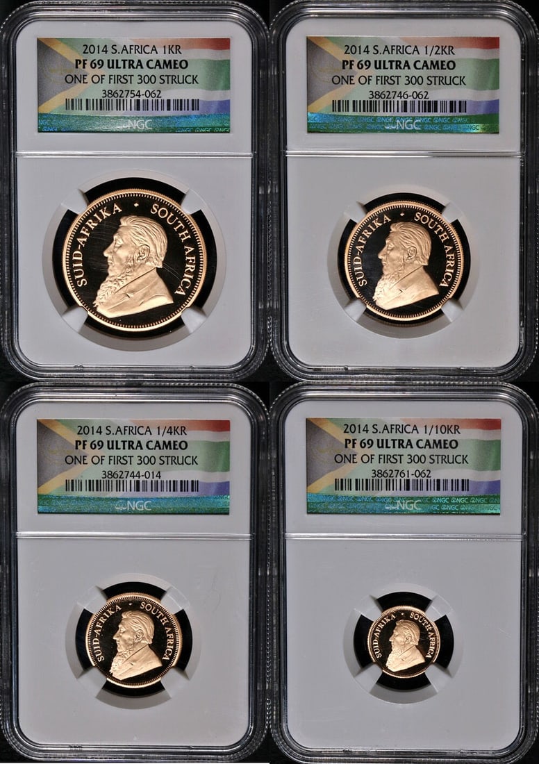 2014 Gold Krugerrand 4 Coin NGC PF69 Ultra Cameo 1st Strike: 2014 Gold Krugerrand 4 Coin NGC PF69 Ultra Cameo 1st Strike This 2014 South Africa Gold Krugerrand 4 Coin is a stunning piece certified by NGC with a grade of PF69 Ultra Cameo, showcasing exceptional 