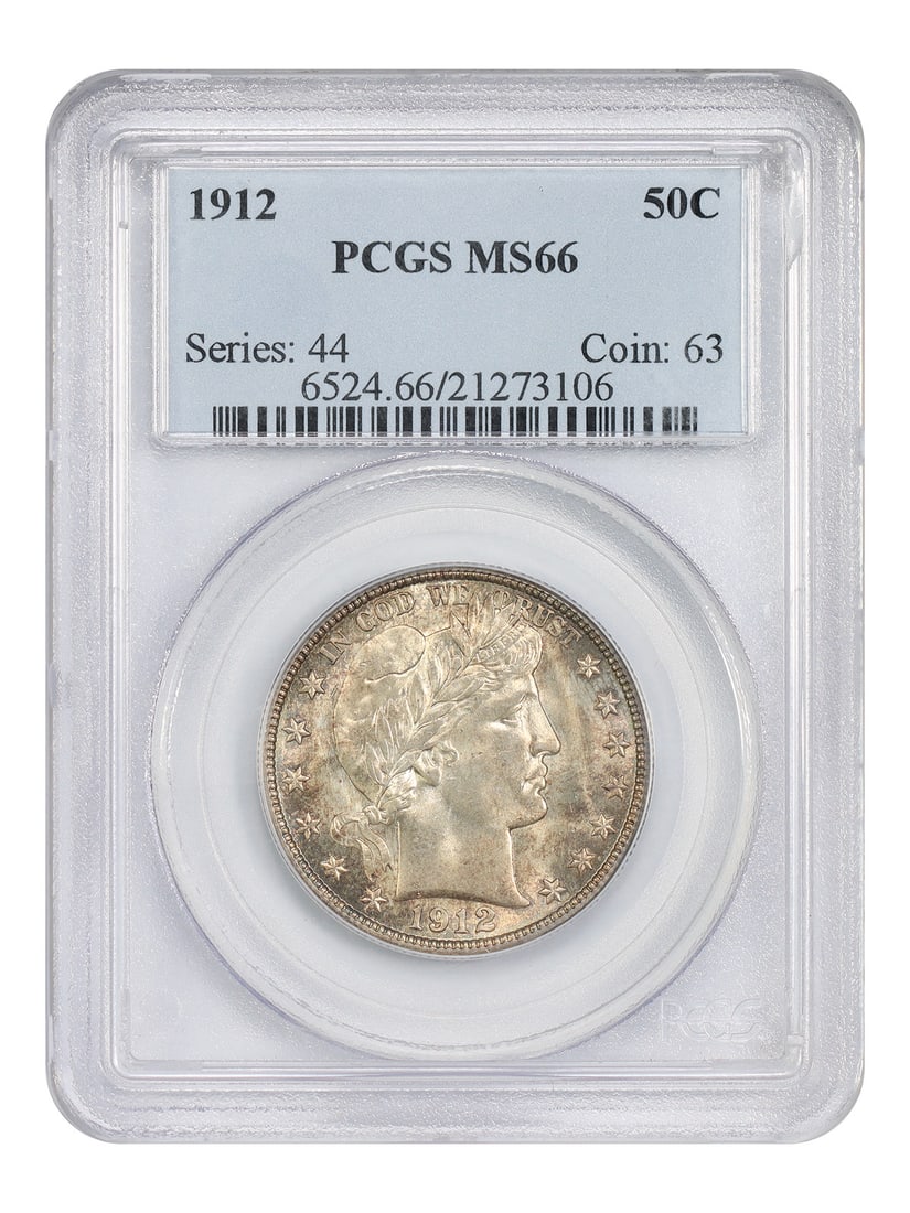 Barber Half Dollar 1912 50C PCGS MS66: Barber Half Dollar 1912 50C PCGS MS66 1912 Barber Half Dollar certified by PCGS in MS66. This uncirculated example is rare in gem and above, ranking among the very finest available from a population o
