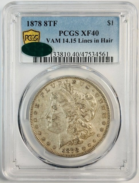 PCGS CAC 1878 Morgan Dollar XF40 8 Tail Feathers VAM 14-15 Philadelphia: PCGS CAC 1878 Morgan Dollar XF40 8 Tail Feathers VAM 14-15 Philadelphia This is an 1878 Morgan Silver Dollar graded XF-40 by PCGS and approved by CAC, featuring the rare 8 Tail Feathers VAM 14-15 Line