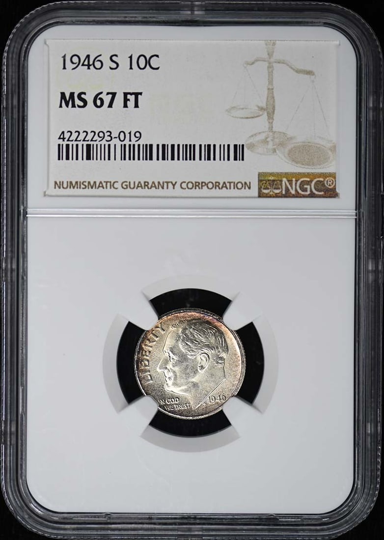 NGC MS67FT San Francisco 1946-S Silver Roosevelt Dime: NGC MS67FT San Francisco 1946-S Silver Roosevelt Dime This 1946-S Roosevelt Dime is composed of silver and has been certified by NGC with a grade of MS67FT. Struck at the San Francisco Mint, this unci