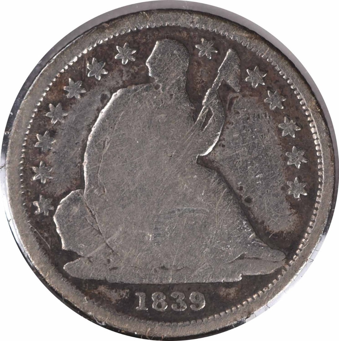 1839-O Liberty Seated Silver Dime 10C Christian Gobrecht Uncertified: 1839-O Liberty Seated Silver Dime 10C Christian Gobrecht Uncertified This 1839-O Liberty Seated Silver Dime features a beautiful design by Christian Gobrecht and is a notable piece from the New Orlean