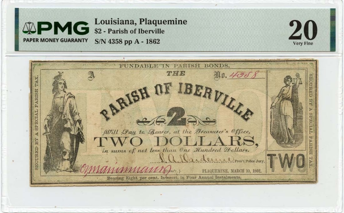 PMG VF20 1862 Plaquemine Louisiana Parish of Iberville $2 Obsolete Note: PMG VF20 1862 Plaquemine Louisiana Parish of Iberville $2 Obsolete Note 1862 Parish of Iberville obsolete note from Plaquemine, Louisiana. This pre-owned example is a circulated note graded PMG VF20. 