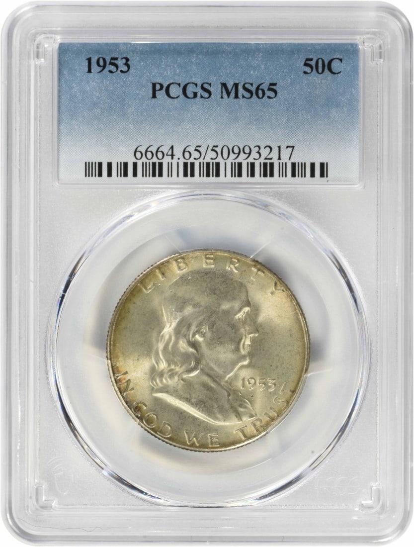 1953 Philadelphia Franklin Half Dollar 90 Percent Silver PCGS MS65: 1953 Philadelphia Franklin Half Dollar 90 Percent Silver PCGS MS65 This 1953 Franklin Half Dollar from the Philadelphia Mint is composed of 90% silver and 10% copper. The coin is certified by PCGS wit