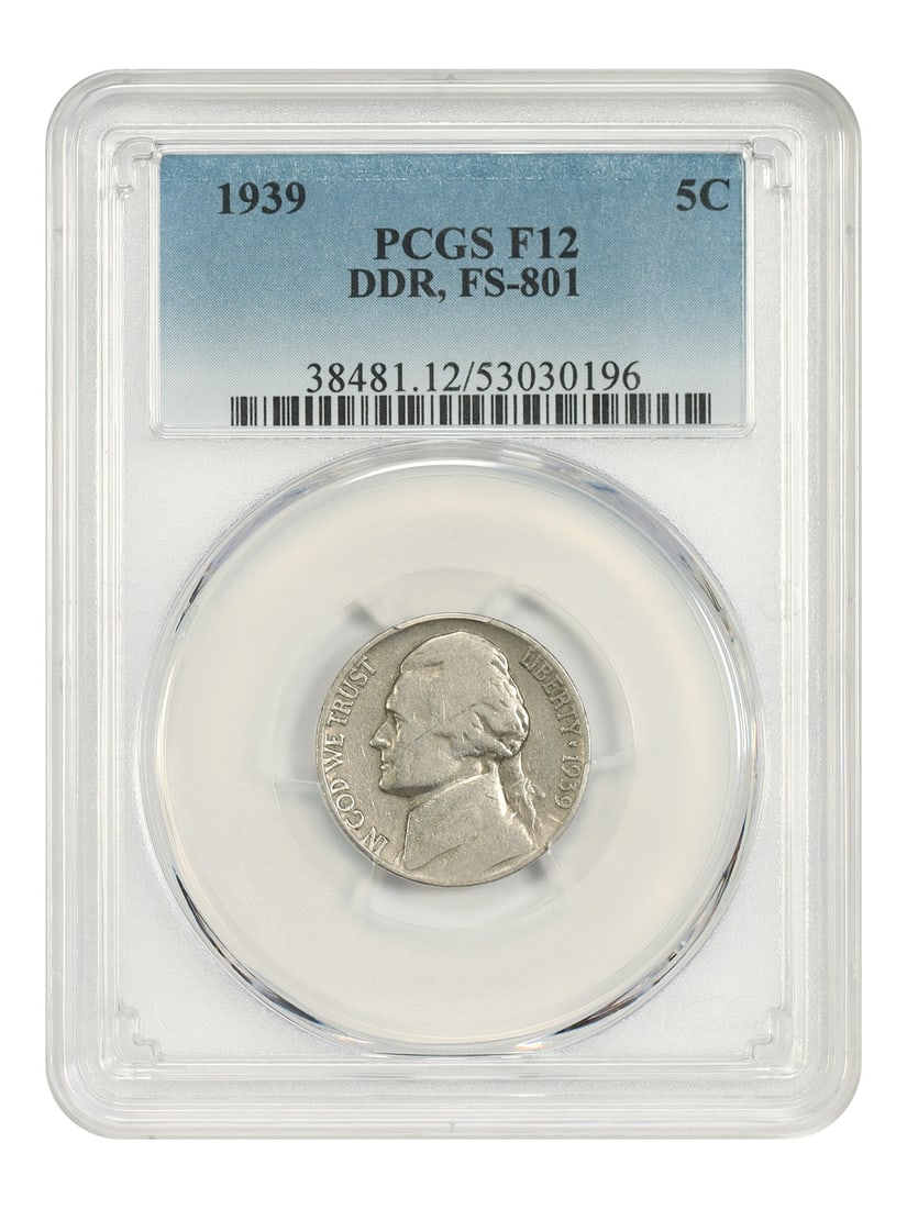 Jefferson Nickel 1939 5C PCGS F12 DDR FS-801: Jefferson Nickel 1939 5C PCGS F12 DDR FS-801 1939 Jefferson Nickel certified by PCGS in Fine 12. This circulated 5C coin is a pre-owned example identified as DDR, FS-801. Specifications Denomination: 