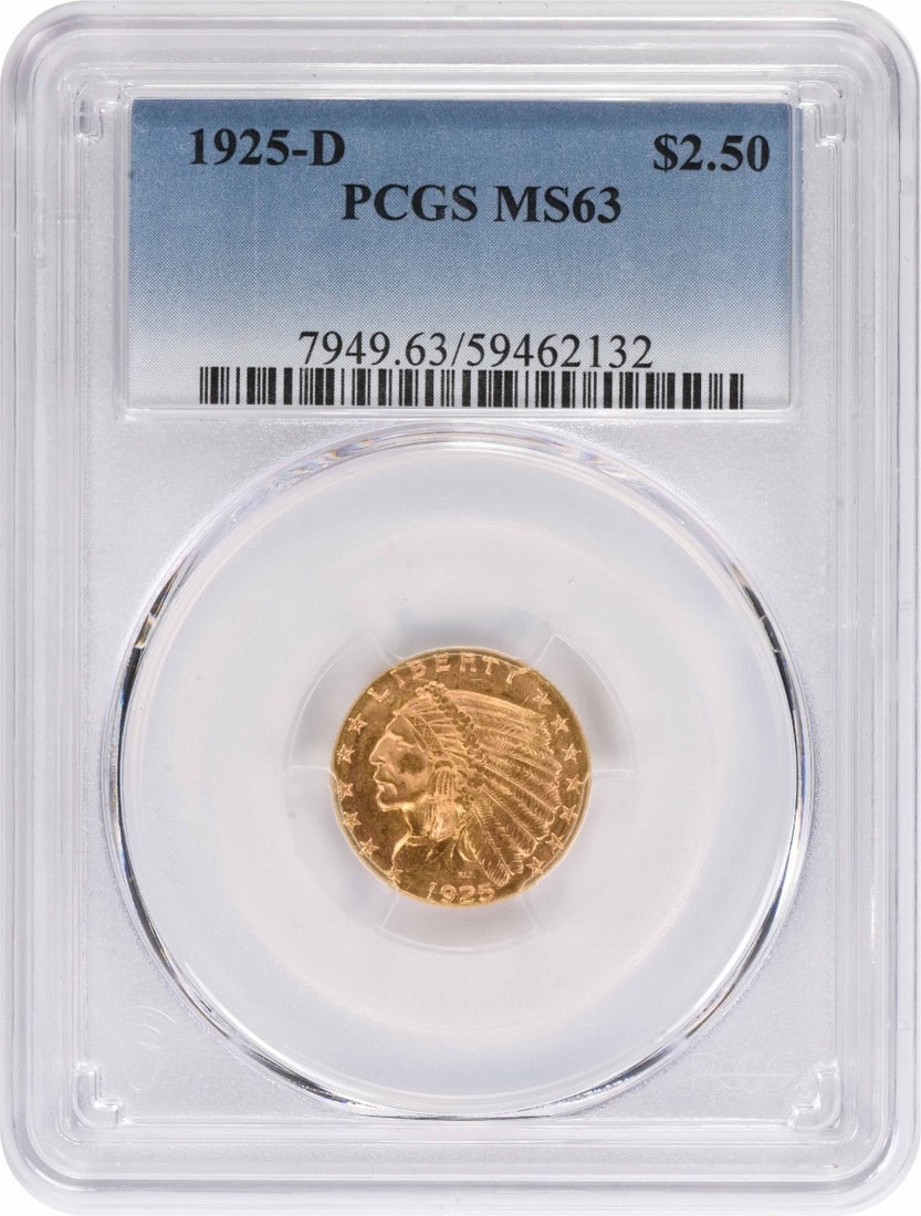PCGS MS63 1925 D $2.50 Indian Head Gold Quarter Eagle: PCGS MS63 1925 D $2.50 Indian Head Gold Quarter Eagle 1925-D $2.50 Gold Indian graded MS63 by PCGS. This pre-1933 United States gold coin features the Indian Head design by Bela Lyon Pratt and is offe