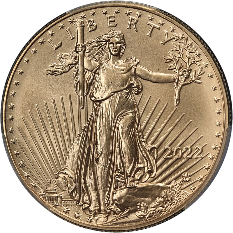 PCGS MS70 2022 $50 Gold Eagle First Strike General Casey Signed Label: PCGS MS70 2022 $50 Gold Eagle First Strike General Casey Signed Label This 2022 Gold American Eagle $50 coin features a PCGS MS70 grade, indicating it is in perfect uncirculated condition. It is certi
