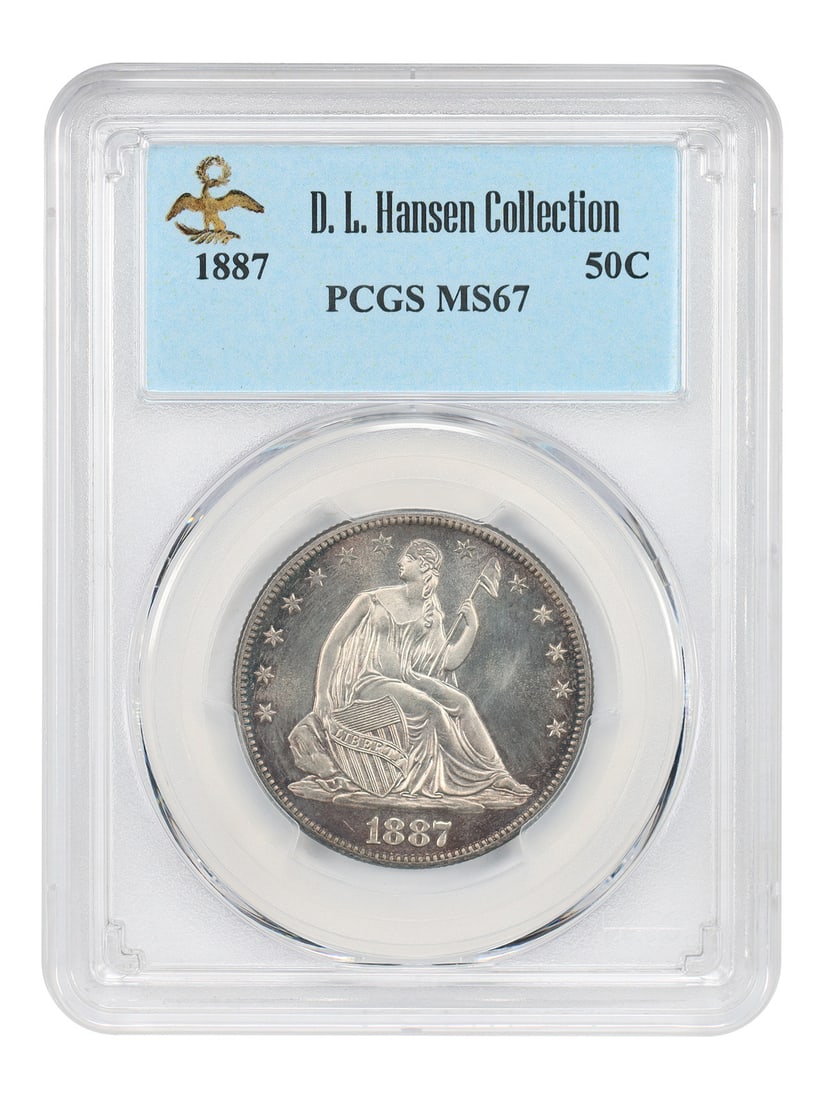 Liberty Seated Half Dollar 1887 PCGS MS67 ex D.L. Hansen: Liberty Seated Half Dollar 1887 PCGS MS67 ex D.L. Hansen 1887 Liberty Seated Half Dollar certified PCGS MS67 and noted ex: D.L. Hansen. One of the smallest mintages in the series, just 5,000 coins wer