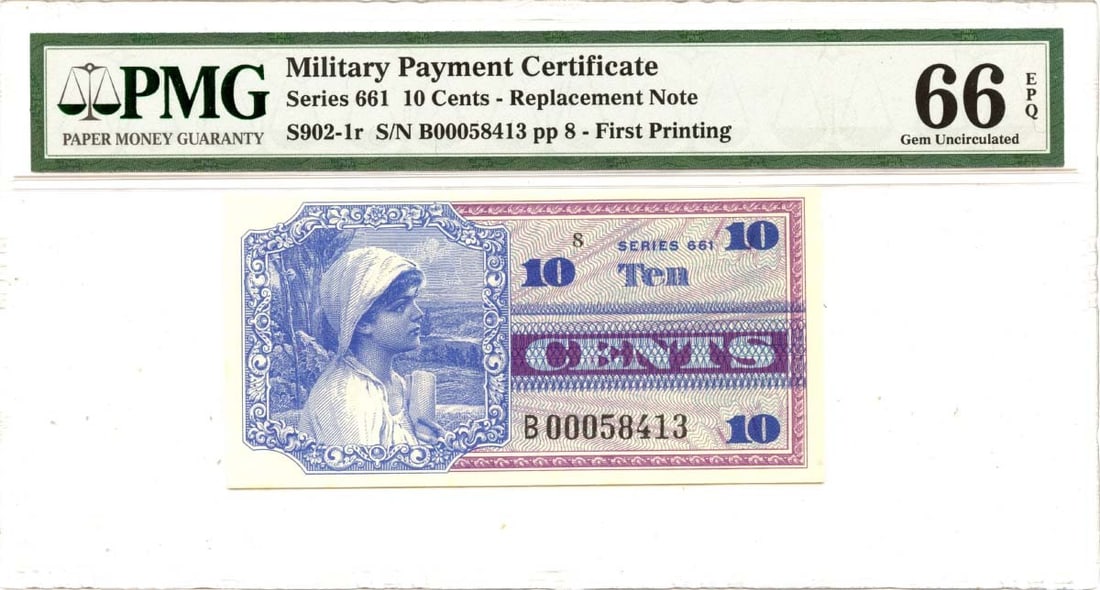 Series 661 10 Cents MPC PMG Gem66 EPQ First Printing S902-1r: Series 661 10 Cents MPC PMG Gem66 EPQ First Printing S902-1r This Series 661 10 Cents Military Payment Certificate (MPC) is certified by PMG and graded as Gem Uncirculated 66 EPQ. It features the firs
