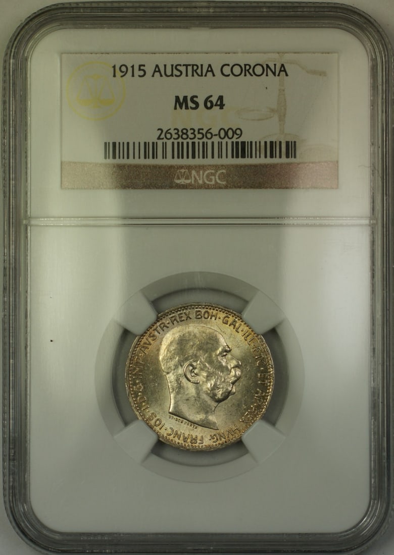 NGC MS 64 Austria 1915 Silver Corona Uncirculated Coin: NGC MS 64 Austria 1915 Silver Corona Uncirculated Coin This 1915 Austria Silver Corona Coin is certified by NGC with a grade of MS-64. The coin is composed of silver and remains in uncirculated condit