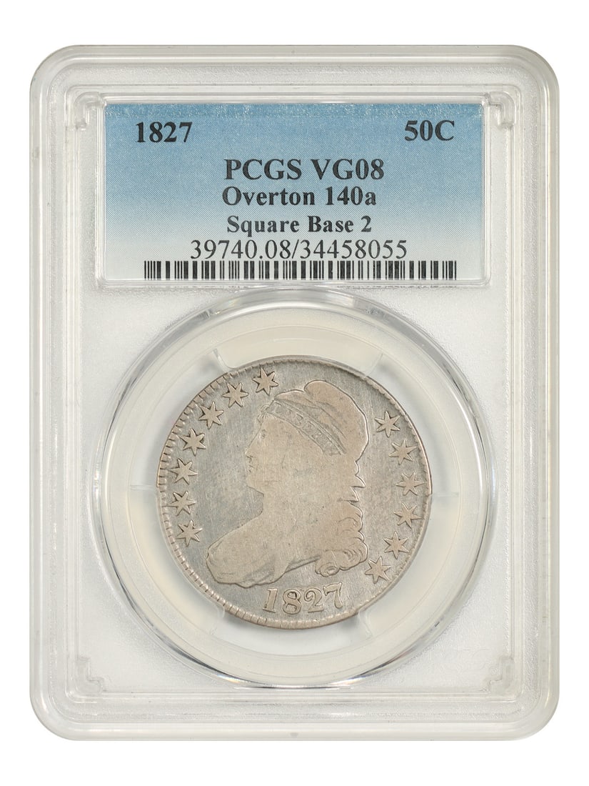 PCGS VG08 1827 Capped Bust Half Dollar 50C O-140a Square Base 2: PCGS VG08 1827 Capped Bust Half Dollar 50C O-140a Square Base 2 1827 Capped Bust Half Dollar certified by PCGS in VG08 grade. This circulated, pre-owned coin is identified as variety O-140a with the S