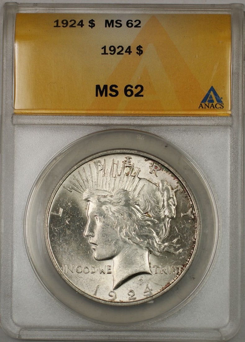 1924 ANACS MS-62 Peace Dollar Silver Coin Toned Reverse Philadelphia Mint: 1924 ANACS MS-62 Peace Dollar Silver Coin Toned Reverse Philadelphia Mint This 1924 Peace Silver Dollar coin is certified by ANACS with a grade of MS-62. Minted in Philadelphia, it features a toned re