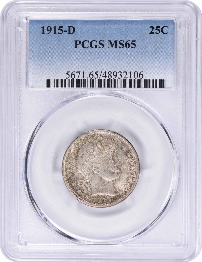 1915-D Barber Silver Quarter MS65 PCGS Uncirculated Denver Mint: 1915-D Barber Silver Quarter MS65 PCGS Uncirculated Denver Mint This 1915-D Barber Silver Quarter is a remarkable piece, graded MS65 by PCGS, ensuring its high-quality uncirculated condition. Minted i
