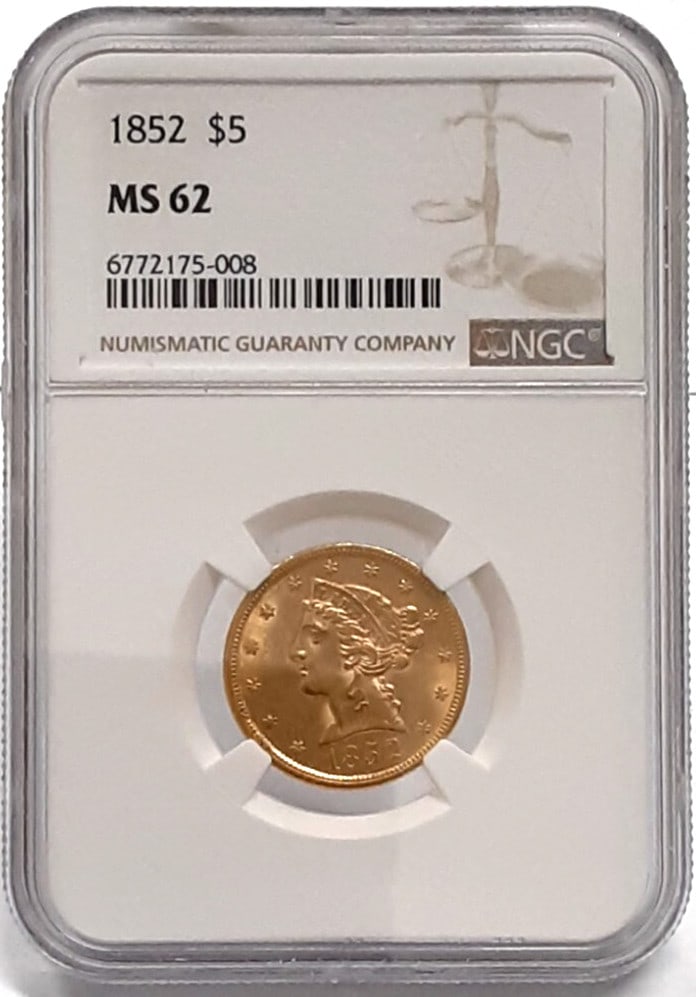 NGC MS-62 1852 Liberty Head $5 Half Eagle Gold Coin Philadelphia Mint: NGC MS-62 1852 Liberty Head $5 Half Eagle Gold Coin Philadelphia Mint This 1852 Liberty Head $5 Half Eagle gold coin was minted in Philadelphia and is composed of .900 fine gold. Graded MS-62 by NGC, 