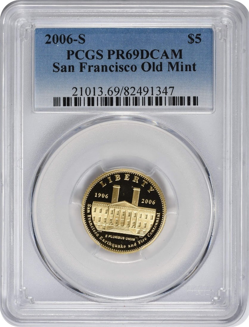 PCGS PR69DCAM 2006-S Old Mint Gold Proof Five Dollar Coin: PCGS PR69DCAM 2006-S Old Mint Gold Proof Five Dollar Coin This 2006-S San Francisco Old Mint $5 Gold Commemorative coin is a proof strike graded PR69DCAM by PCGS. It is composed of gold and features t
