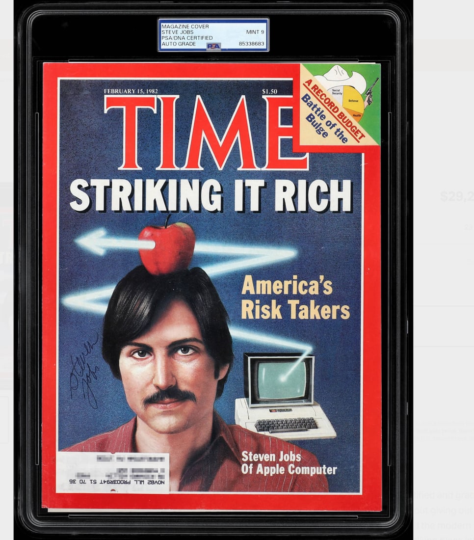 Steve Jobs Autographed 1982 Time Magazine PSA DNA 9 MINT Apple: Steve Jobs Autographed 1982 Time Magazine PSA DNA 9 MINT Apple This iconic piece features the front cover of the February 15, 1982, issue of Time magazine, boldly signed by Steve Jobs, the co-founder 